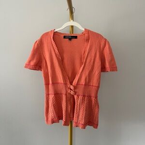 Kasper Coral Cotton Open-Knit Cardigan Sweater Short Sleeve V-Neck Button M